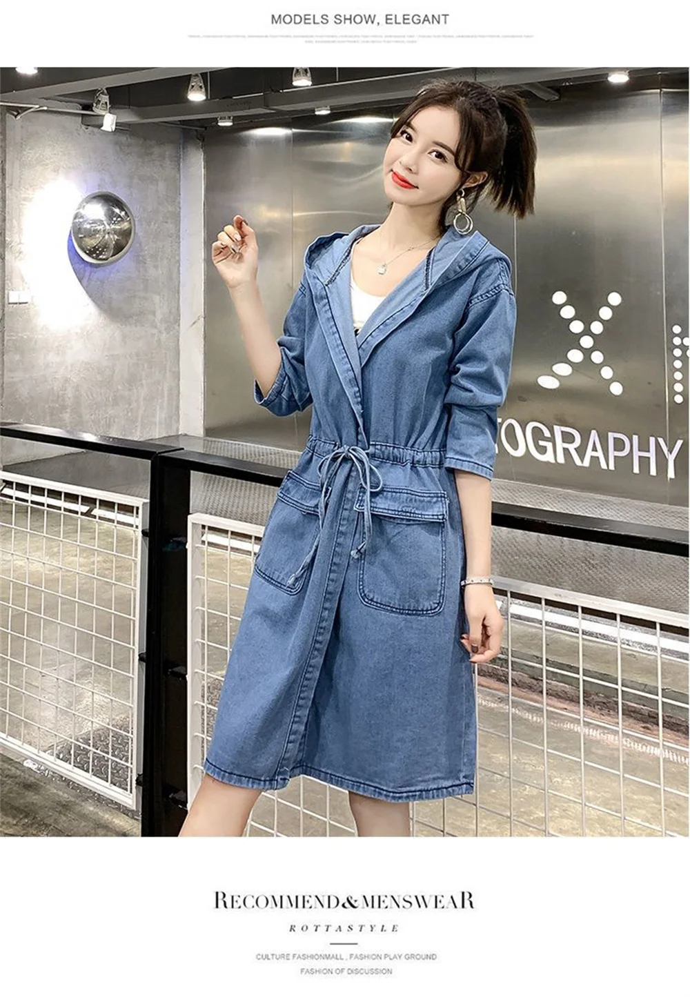 Spring and fall fashion casual loose women 2024 cowboy hooded trench coat mid-length denim jacket