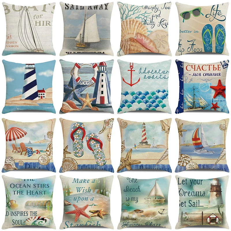 

Nautical Style Cushion Cover 45x45 cm Starfish Beach Chair Sailing Slippers Printed Pillow Case Indoor Decor Linen Pillow Covers