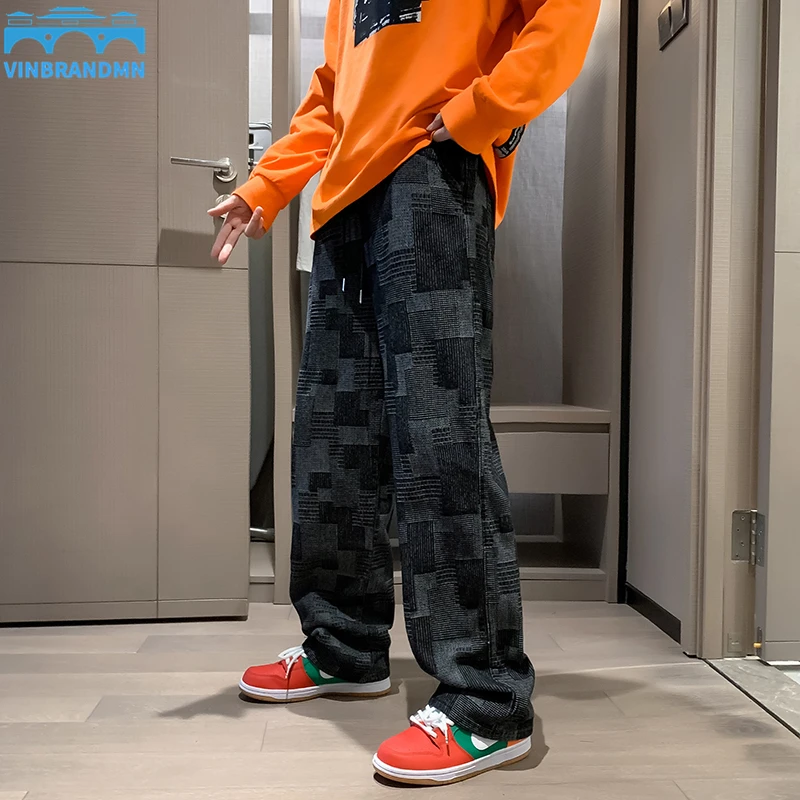 

Tide Brand Men's Street Solid Color Hip-hop Loose Plaid Jeans Youth Personality High Street Fashion Brand Loose Casual Trousers