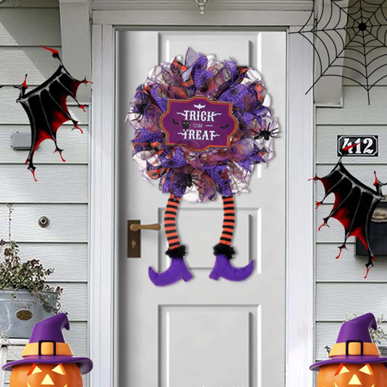 かわいいハロウィンリース装飾パープルメッシュストライプ脚窓吊り花輪