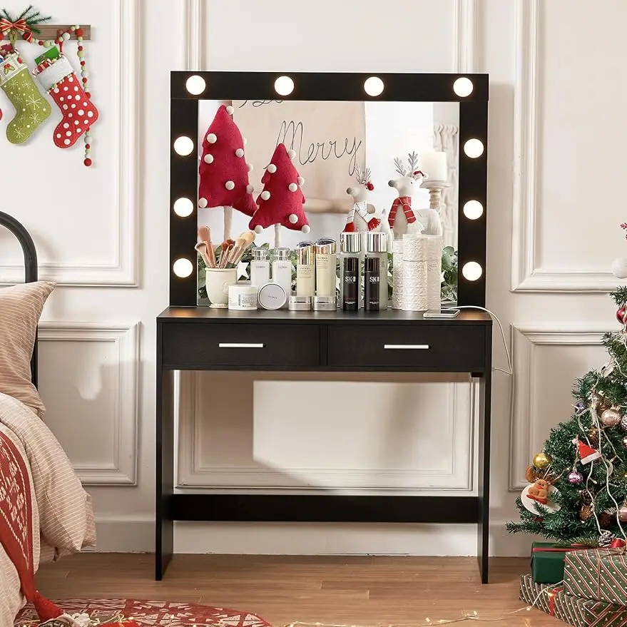 

usikey Vanity Desk with Large Lighted Mirror for Christmas Day, Makeup Vanity with 10 Lights, 2 Drawers & Power Strip, Vani