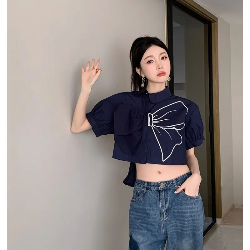 

Женская футболка темно-синяя винтажная индивидуализированная уличная одежда в Корейском стиле Y2K, летний женский топ, 2023