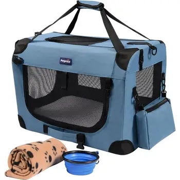 Portable Collapsible Dog Crate Travel Pet Carrier with Soft Warm Blanket Foldable Bowl Small Dogs Cats Indoor Outdoor 2
