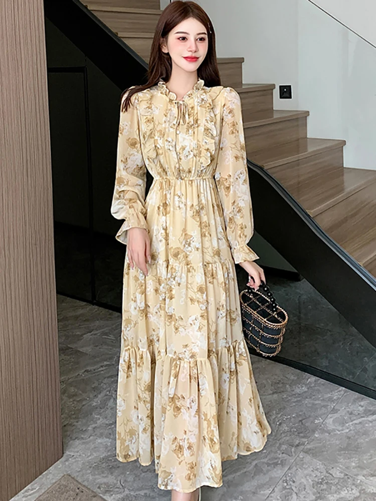 

Женское шифоновое платье с оборками, повседневное длинное платье с цветочным принтом, элегантное пляжное платье в Корейском стиле, весна-лето 2024