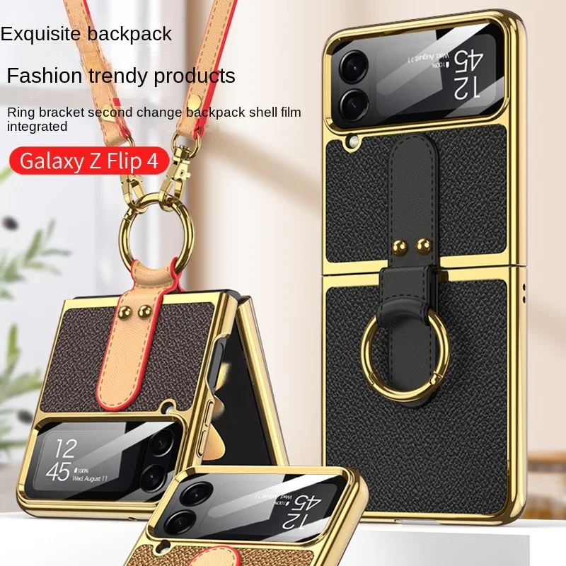 

Samsung Zflip4 Phone Case Electroplated Plain Leather Strap Creative Flip4 Phone Case Folding Protective Cover for Women