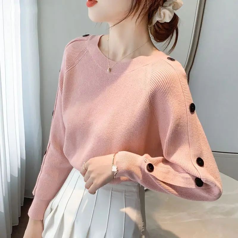 

2023 Autumn and Winter New Temperament Women's Clothing Spliced Button Round Neck Long Sleeve Simplicity Solid Color Pullover