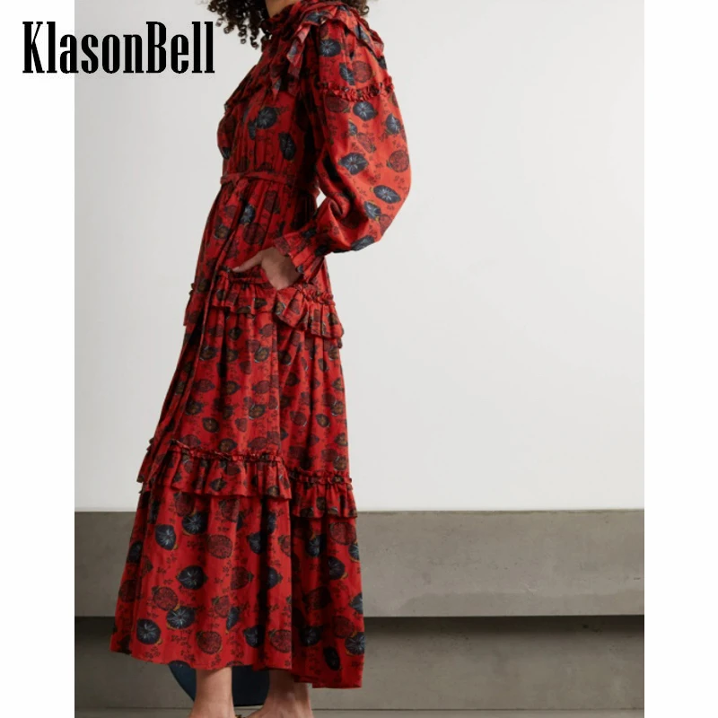 

8.29 KlasonBell Vintage Floral Print Ruffle With Belt Dress Women