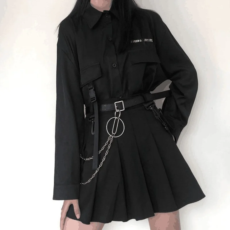

HOUZHOU Dress Sets Black Gothic Blouse Women Punk 2 Piece Skirt Harajuku Oversized Female Grunge Jk Uniform Kpop Streetwear Y2k