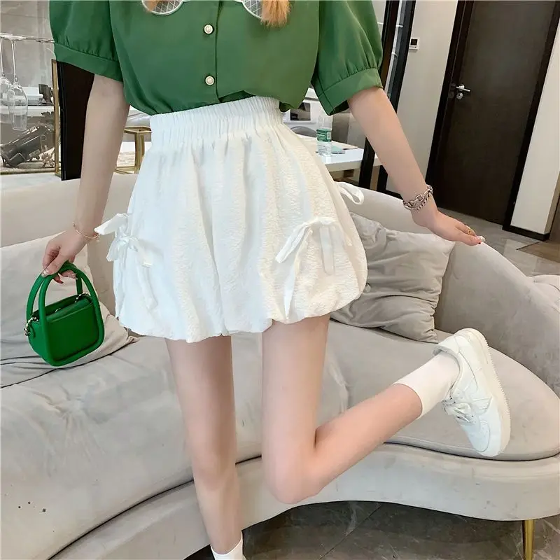White Black Shorts for Women Summer New Elastic Waist Pleated Loose Solid Color Youth Sweet Casual Pants Fashion Trend Clothing