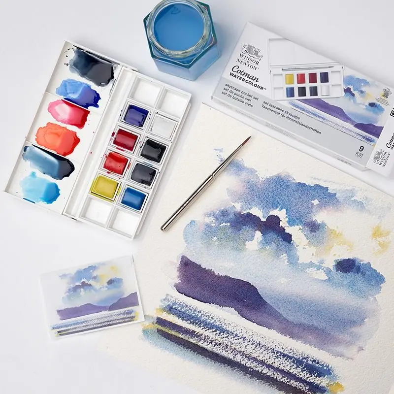 Winsor & Newton Portable Travel Watercolor Paint Set 8 Color Half Pans  Colors Palette with Brush for Beginner Aquarela Painting - AliExpress
