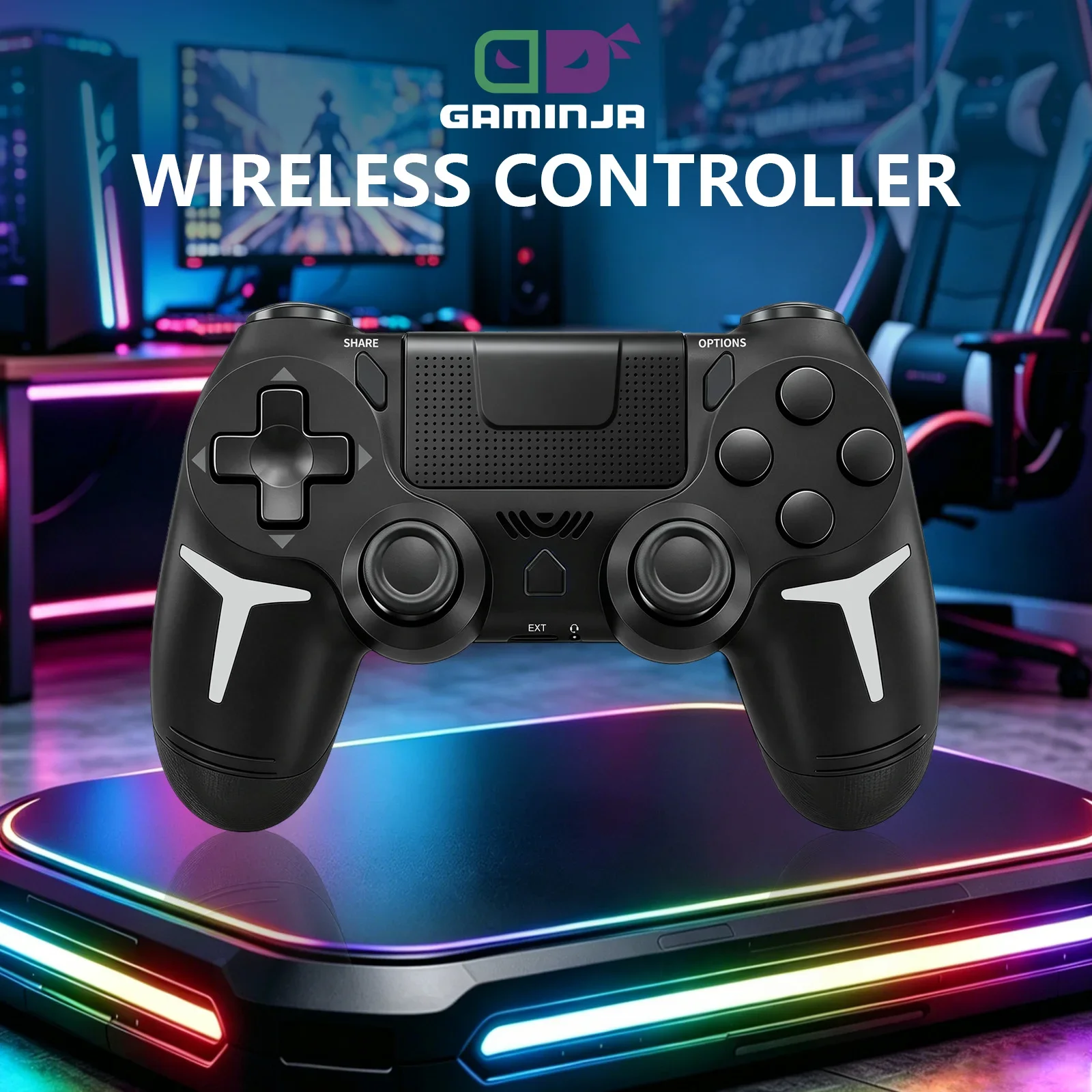 جهاز تحكم لاسلكي GAMINJA مزود بمستشعر حركة سداسي المحاور واهتزاز مزدوج ولوحة لمس، متوافق مع أجهزة PS4 وPS3 والكمبيوتر الشخصي.