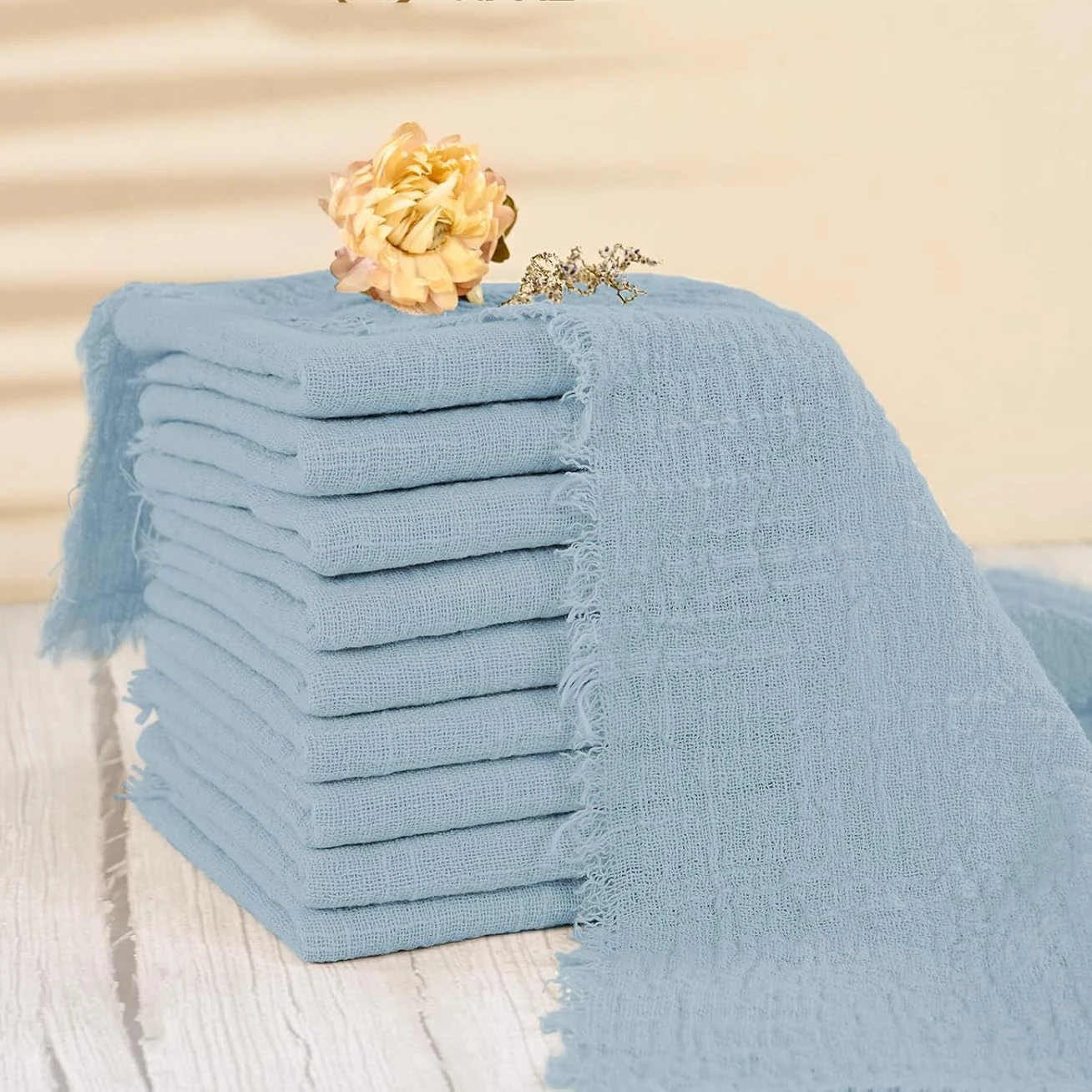 36 Tovaglioli Di Stoffa Blu Polvere Con Frange - 100% Cotone - Fatti A Mano Per Matrimoni E Feste Eleganti - 6