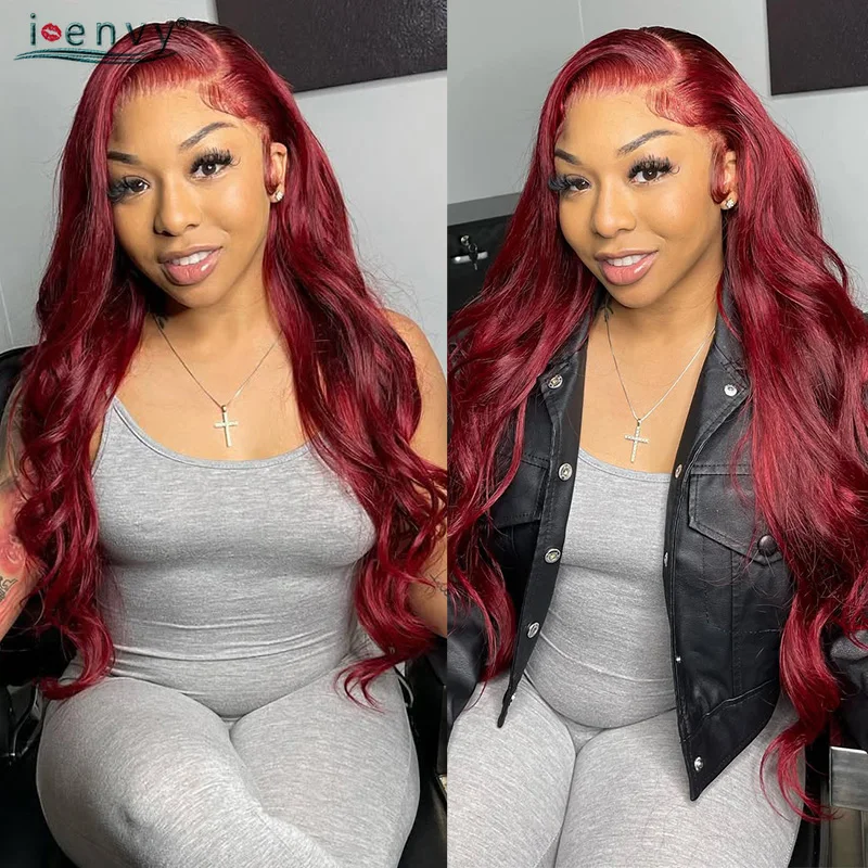 긴 34인치 99J 버건디 레이스 프론탈 인모 가발 13X4 13X6 HD 바디 웨이브 레이스 프론트 가발 프리 플러킹 밝은 레드 헤어 가발