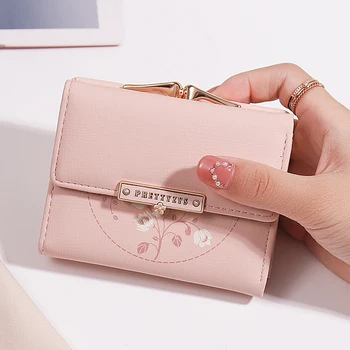 Portafoglio da donna estivo nuovo stile coreano in PU stampato con fibbia, borsa a 3 pieghe semplice tutto-in-uno, fermasoldi corto da donna, porta carte multiplo con patta pieghevole