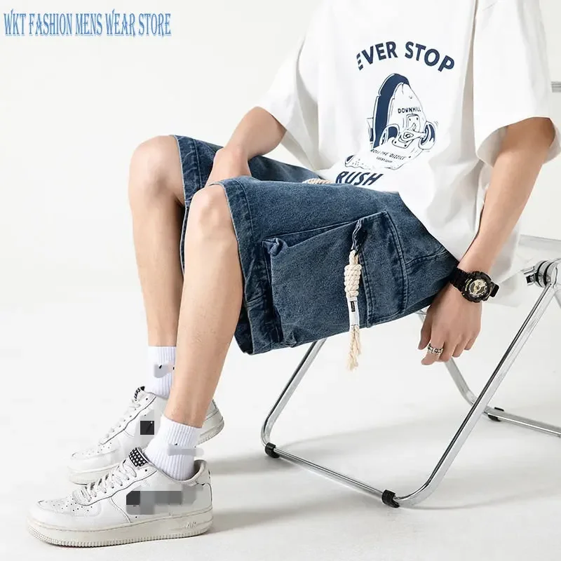 Men's summer denim shorts home casual large pockets outdoor sports gym shorts straight loose basketball shorts men's clothing