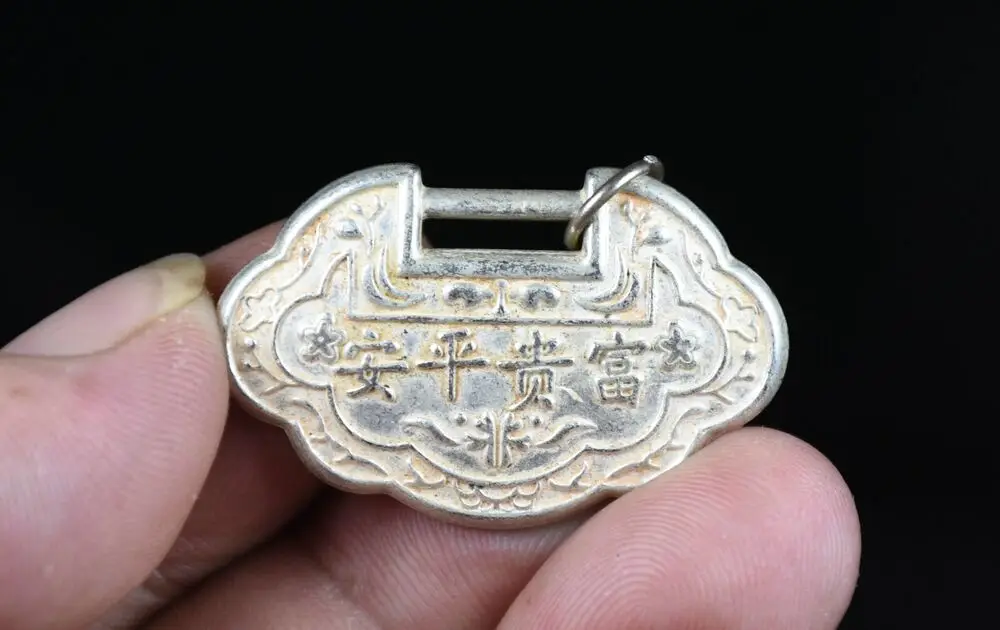 희귀 고대 중국 Miao 실버 꽃, 장수 잠금, 행운의 펜던트, 4cm 