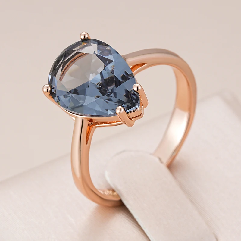 Kinel Simple Water Drop Gray Crystal Women Ring 585 Rose Gold Color Natural Zircon Accessories High Quality Daily Fine Jewelry
