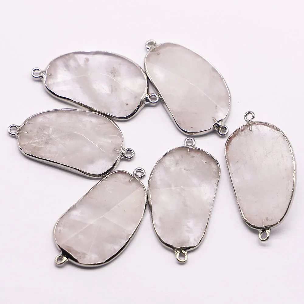New Natural White Crystal Stone Irregular Connector Pendants Slice Necklace Silver Plated Edge Charms Diy Jewelry Wholesale 6Pcs