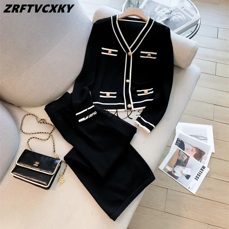 

New Elegant Autumn Knitted Wide Leg Pants Two Piece Set Women V Neck Hit Color Cardigan Coat +Trousers Suit Casual 2 Piece Set
