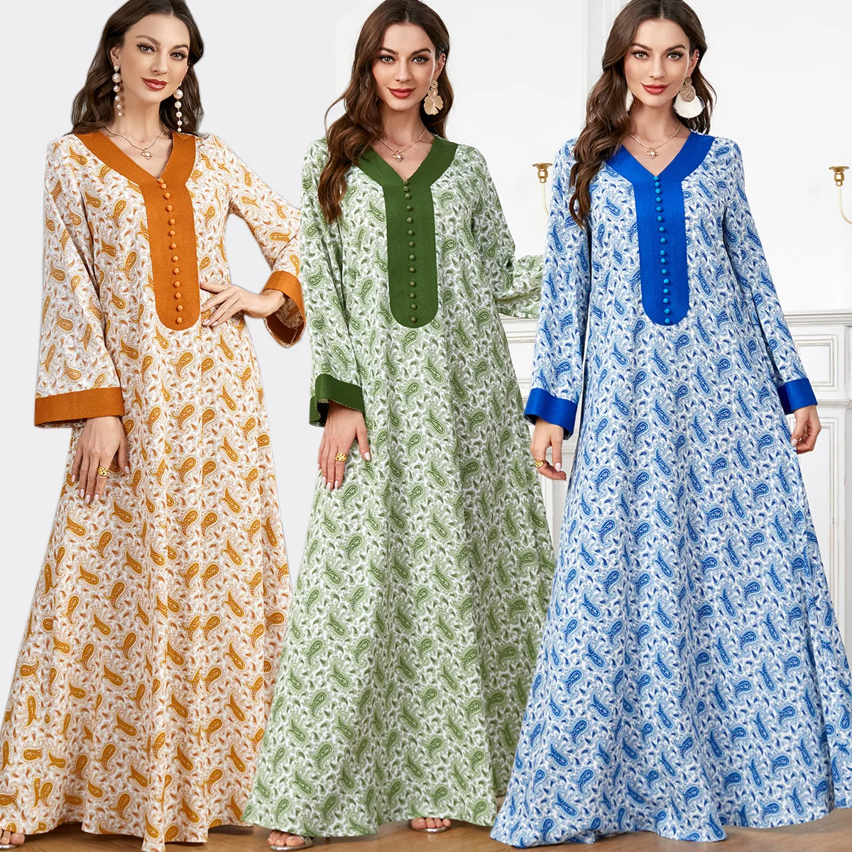 

Ramadan Middle Eastern Muslim Fashion Summer New V-neck Button Spliced Abaya Tri Color Casual Dubai Moroccan Islamic Dress