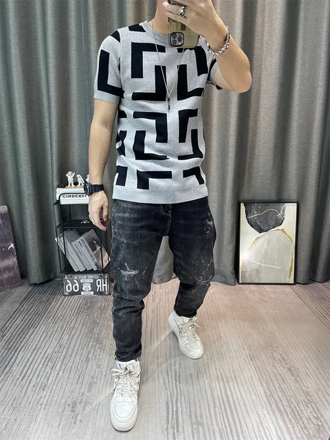 T-Shirt de Luxe à Manches Courtes et Col Rond pour Homme, Streetwear Coréen, Slim Fit, Décontracté, Club Social, Automne 2024 6 T-Shirt de Luxe à Manches Courtes et Col Rond pour Homme, Streetwear Coréen, Slim Fit, Décontracté, Club Social, Automne 2024 6