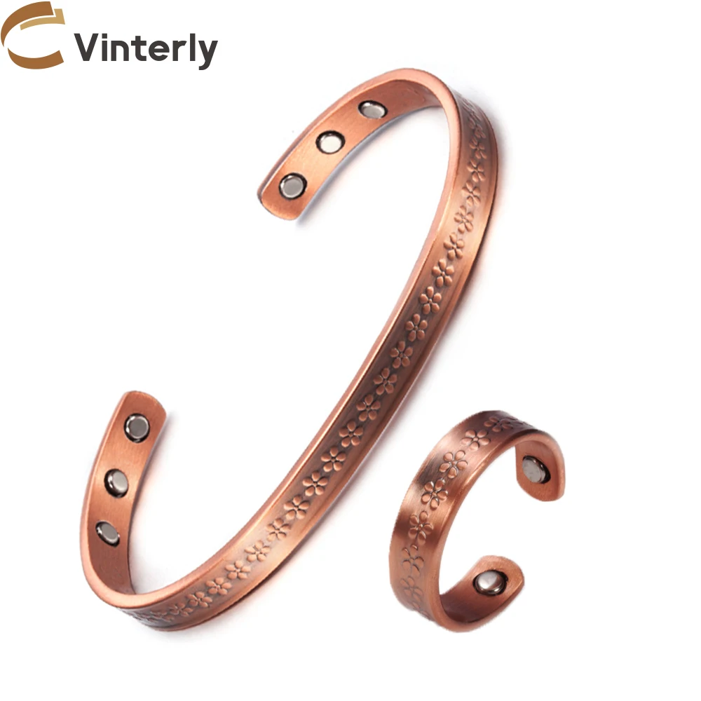 Reines Kupfer Schmuck Set für Frauen Blume verstellbare offene Manschette Magnet Arthritis Schmerz linderung Ringe 6mm Gesundheit Energie Schmuck-Sets
