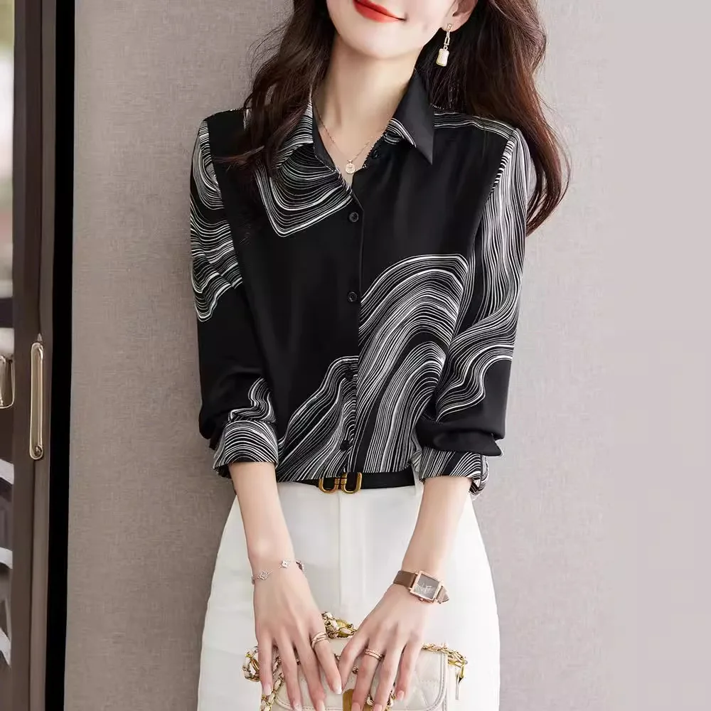 Women's Spring 2025 Stylish Printed Chiffon Blouse with Long Sleeves