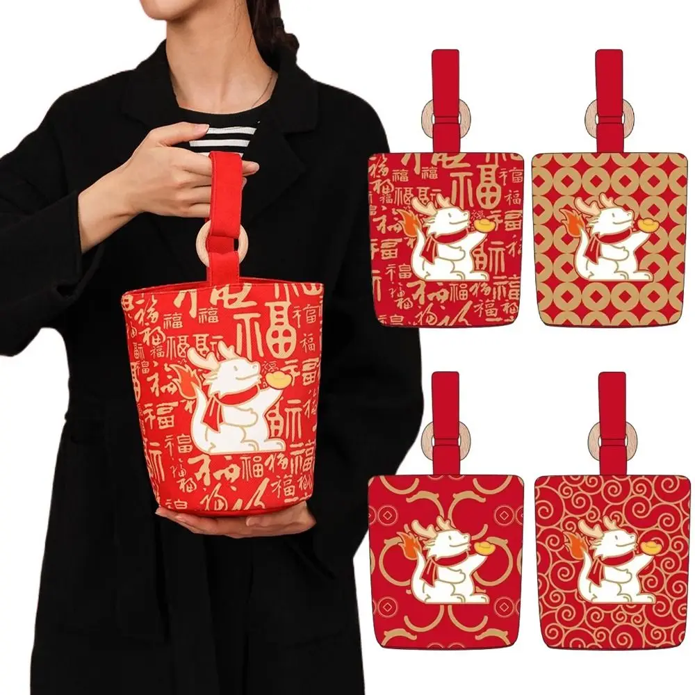 

Red Color Canvas Dragon Bucket Bag Mummy Bag New Year Cartoon Animal Tote Bag Shopping Bag Lunch Bag Canvas Letter Print Handbag