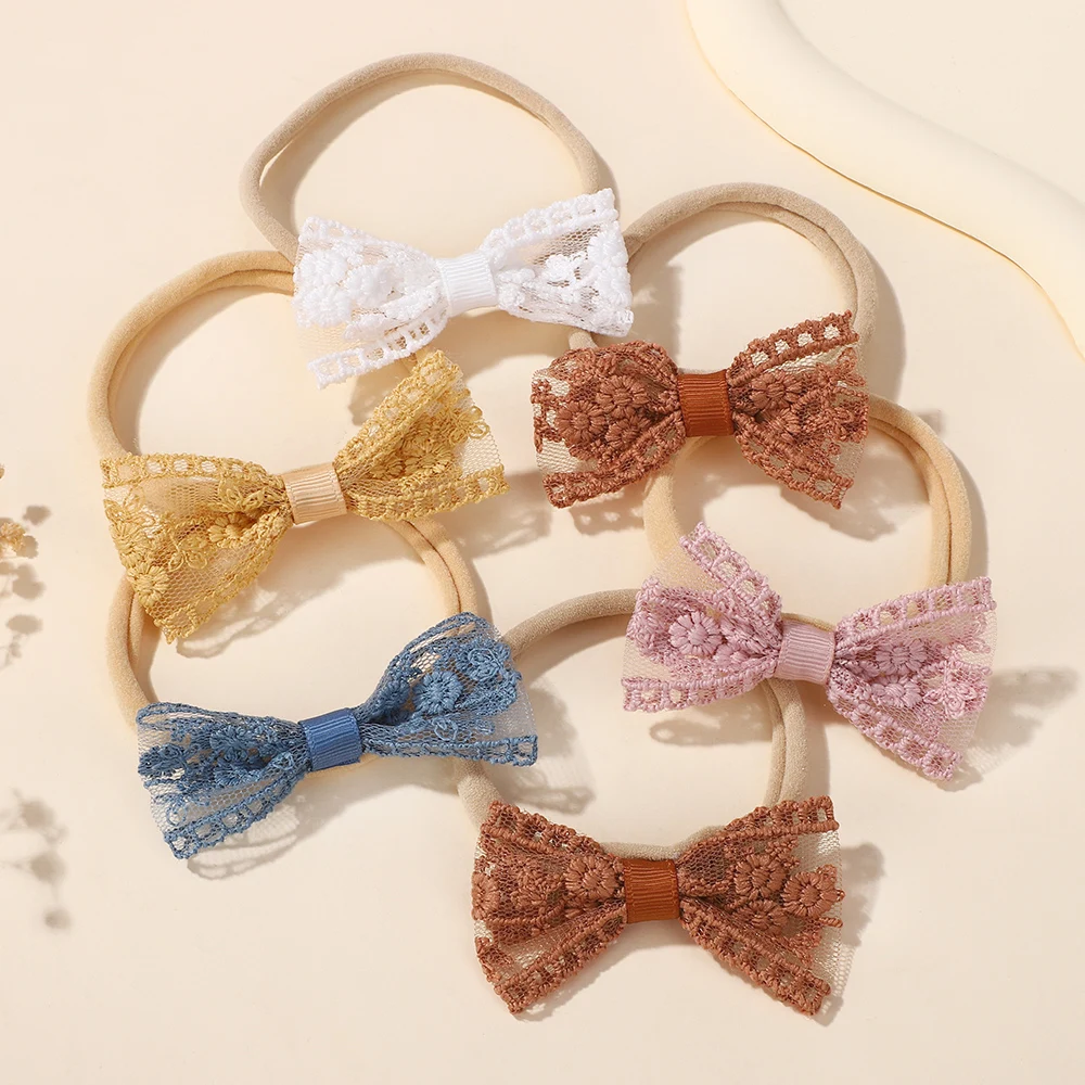 20Pcs 무작위 컬러 달콤한 원사 bowknot 헤어 밴드  소녀 탄성 나일론 수 놓은 인쇄 머리띠 캐주얼  머리 장식