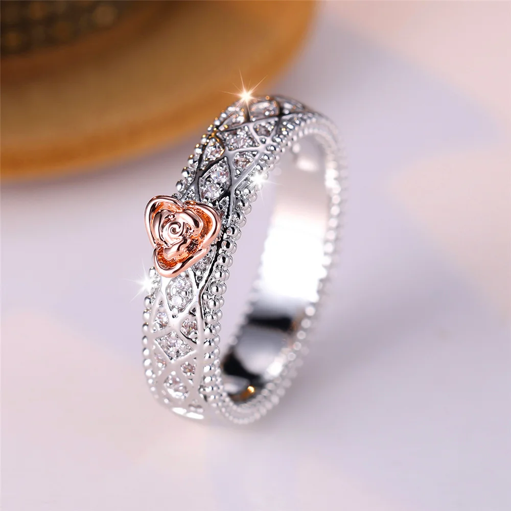 Cute Female White Stone Rose Flower Ring Vintage Silver Color Wedding Jewelry For Women