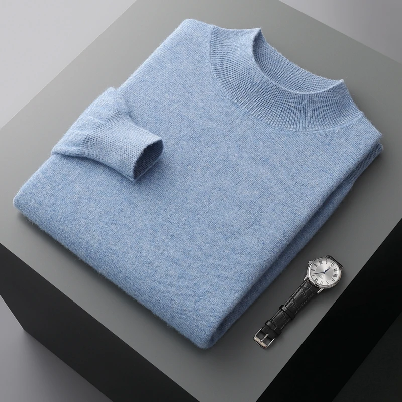 100% Pure Cashmere Sweater Men's Half High Collar Solid Color Pullover Fashion New Knit Undercoat Autumn and Winter Long Sleeve