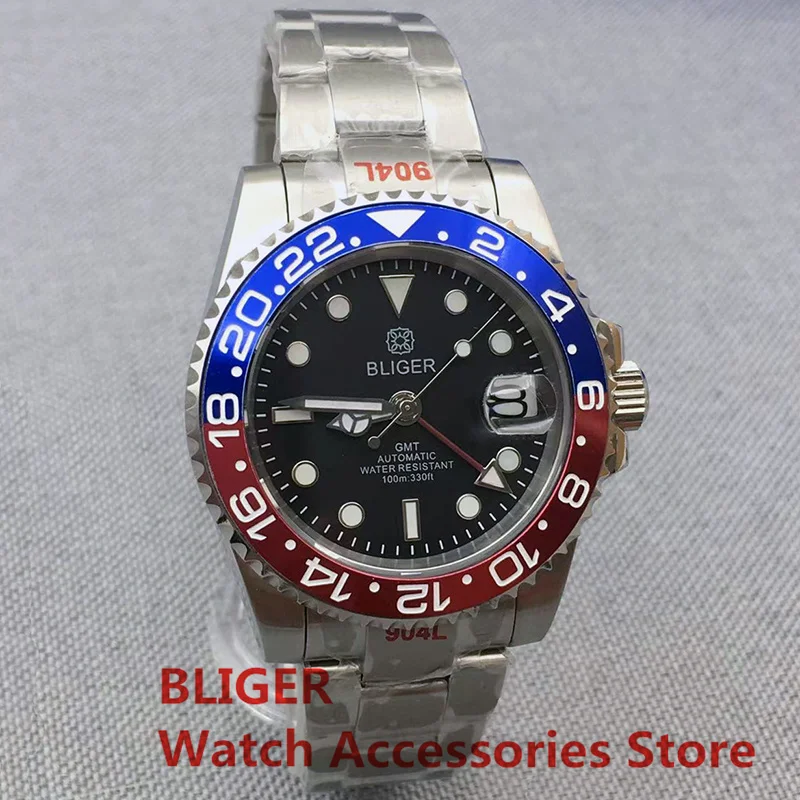 

BLIGER 40mm Watch For Men NH34A GMT Movement Automatic DG3804 Blue Red Insert Black Dial Oyster Bracelet Sapphire Glass Luminous