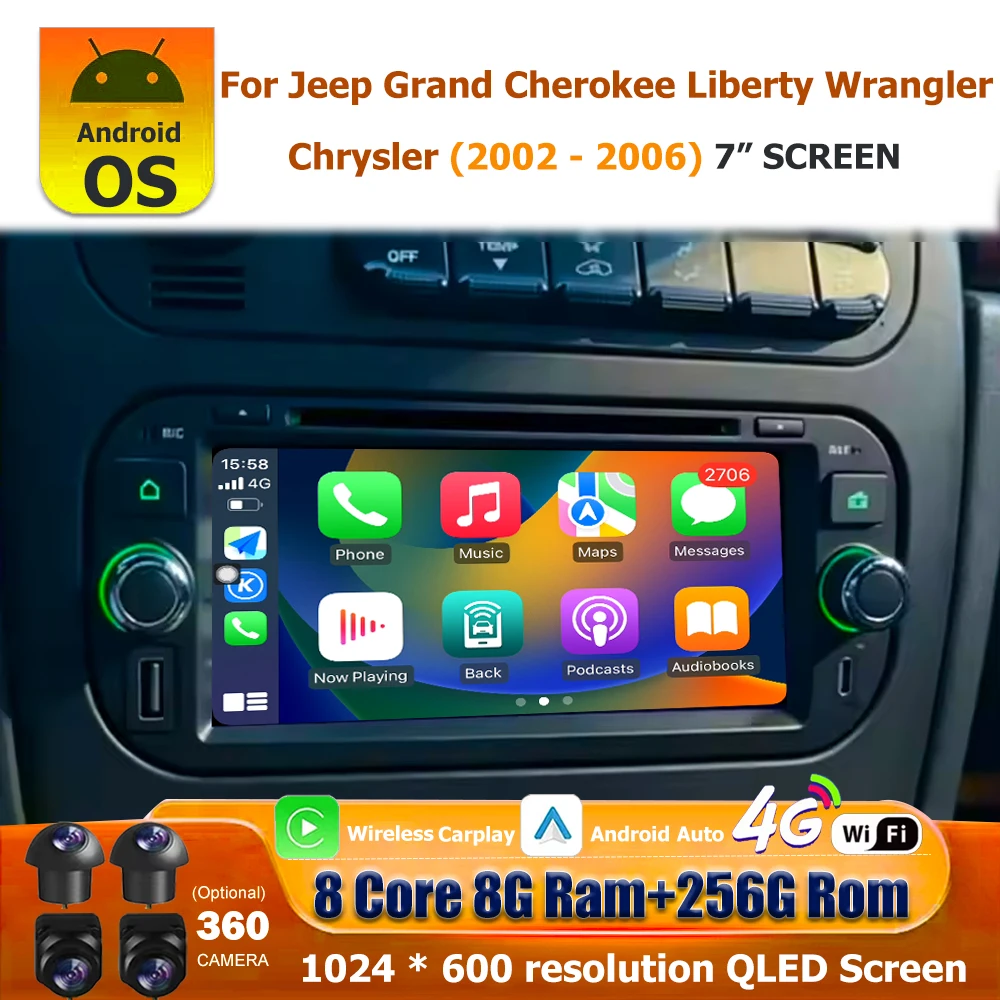 Radio Multimedia para Auto con GPS y Navegación para Jeep Grand Cherokee, Liberty, Wrangler, Chrysler 2002-2006, Android 16, Auto CarPlay 1