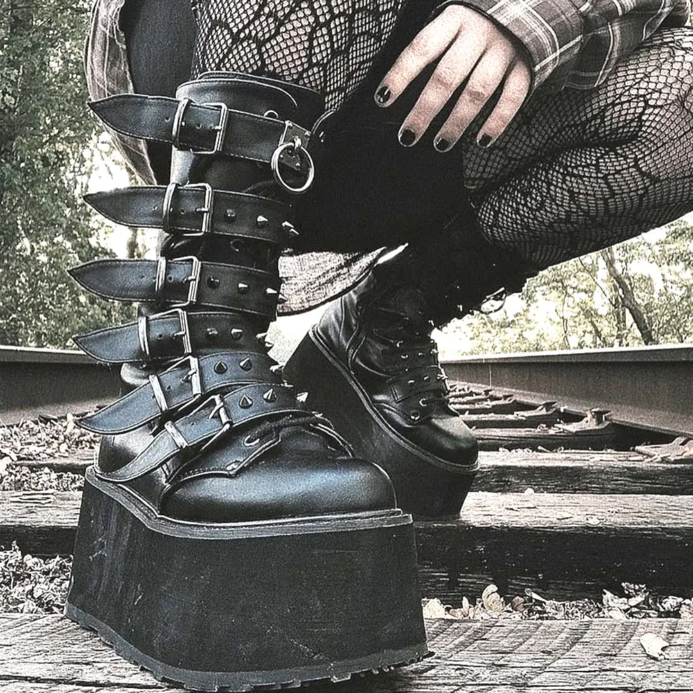GIGIFOX Big Size 43 Black Gothic Motorcycle Boots Zip High Heel Punk Rivets Chunky Platform Mid-Calf Women Boots Shoes Women