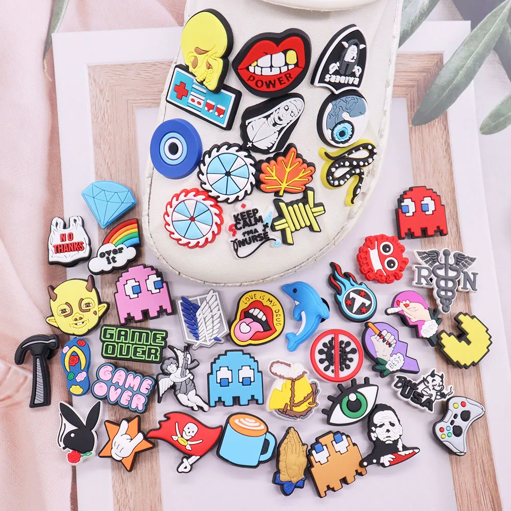 

Wholesale 50pcs PVC Shoe Charm Cartoon game Maple Leaf Skull Rainbow Accessories Sandal Decoration For Croc Jibz Kids X-mas Gift