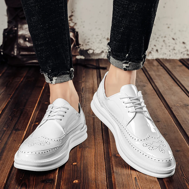 Men Derby Shoes White Dress Men Business Patent Leather Shoes Party Flat Classic Formal Fashion Leather Leisure