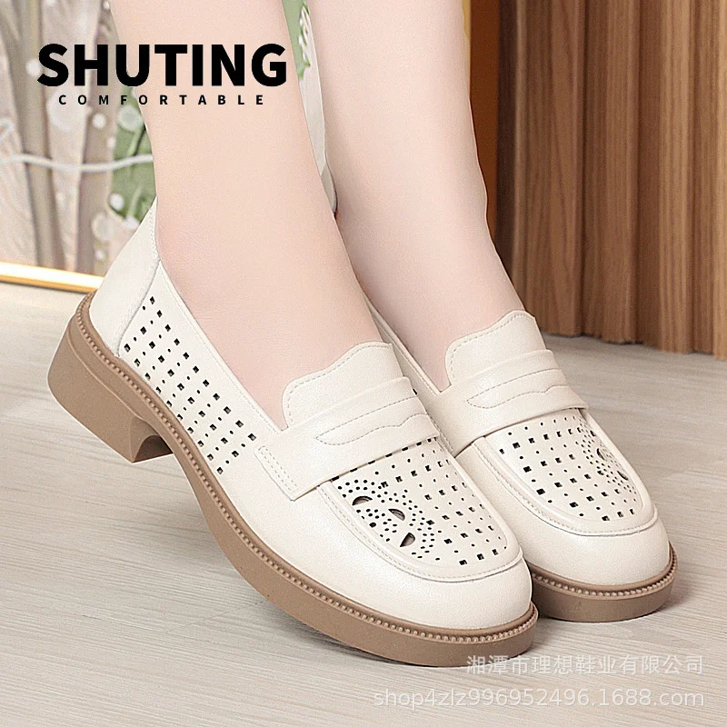 Summer New Fashion Cute Round Toe Soft Sole Non-slip Hollow Single Shoes Breathable Casual Soft Leather Women's Shoes