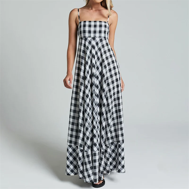 Summer Long Dresses Women Plaid Print Spaghetti Strap Sleeveless A Line Dresss Vacation Party Dresses Beachwear
