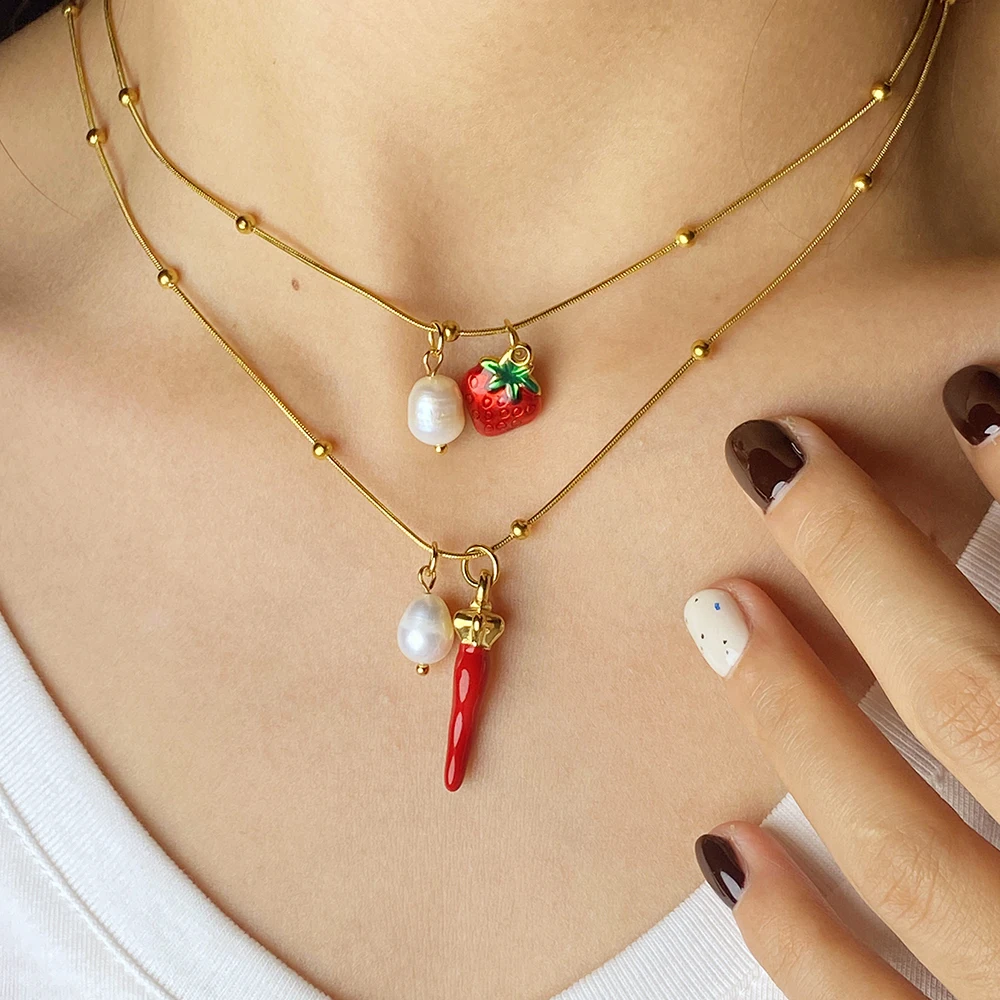 Damen Anhänger Halskette Erdbeere Wassermelone Banane Süßwasserperle Anhänger Damen Sommer Böhmen Edelstahl Schmuck