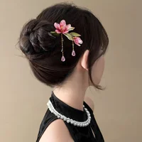 Floral Hair Stick Chinese Style Hairpin, Pink Flower Tassel Retro Traditional Hanfu Elegant Hair Accessory For Women Daily Party 2
