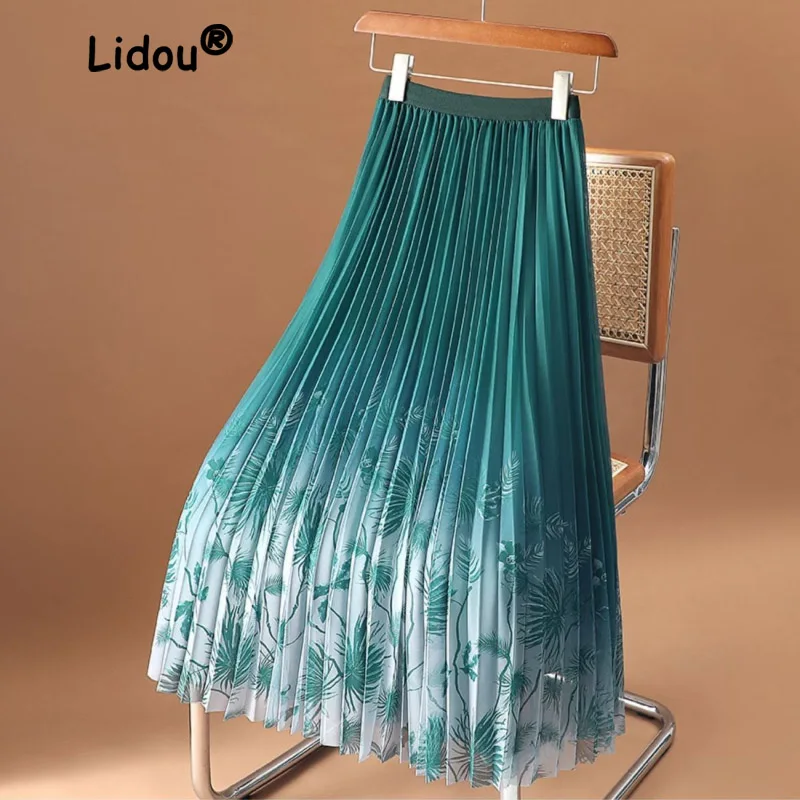 Gradient Yarn Skirt Women's Autumn Printed Pleated Skirt Mid Length High Waist Slim Large Swing Lady Mesh A-line Long Skirt hair nets for women clip mesh hair barrette bun cover handwork rose net snood hairnet decor for lady dance office special design