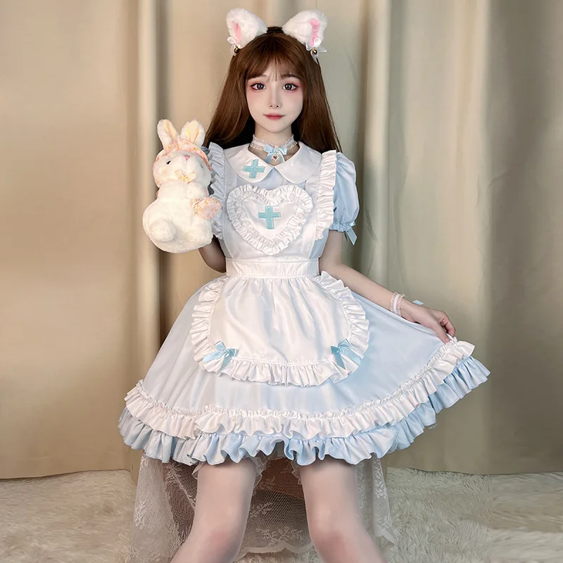 Gothic Lolita Cosplay Maid Costume Anime Cream Sweet Heart Lolita Dress Maids Wear Uniform Short-sleeved Nurse Costumes