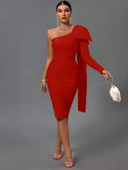 Bandage Dress Red Bodycon Dress Evening Party Elegant Sexy One Shoulder Birthday Club Outfit 1