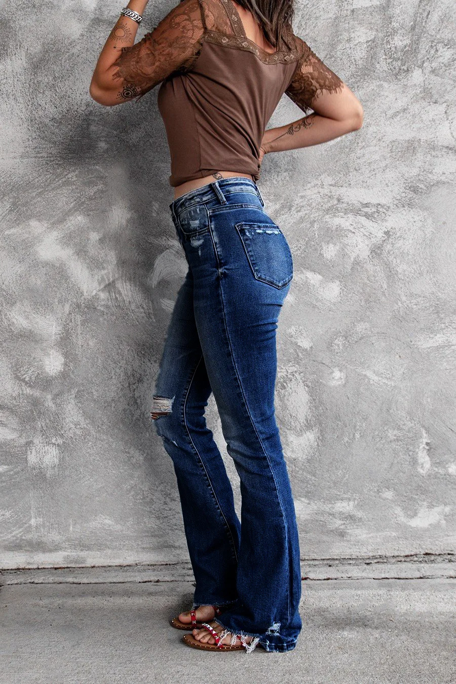 mulheres buracos rasgado borla flare jeans oco para fora sexy calças de cintura alta denim senhoras vintage estiramento magro calças de brim largas perna