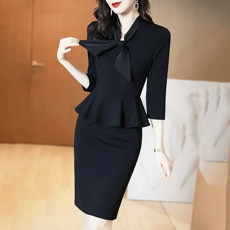 

Office Lady Bow Tie Fashion Midi Dress Spring Summer Sleeve Splicing Temperament Slim Casual Woman Black Elegant Dresses ZL47