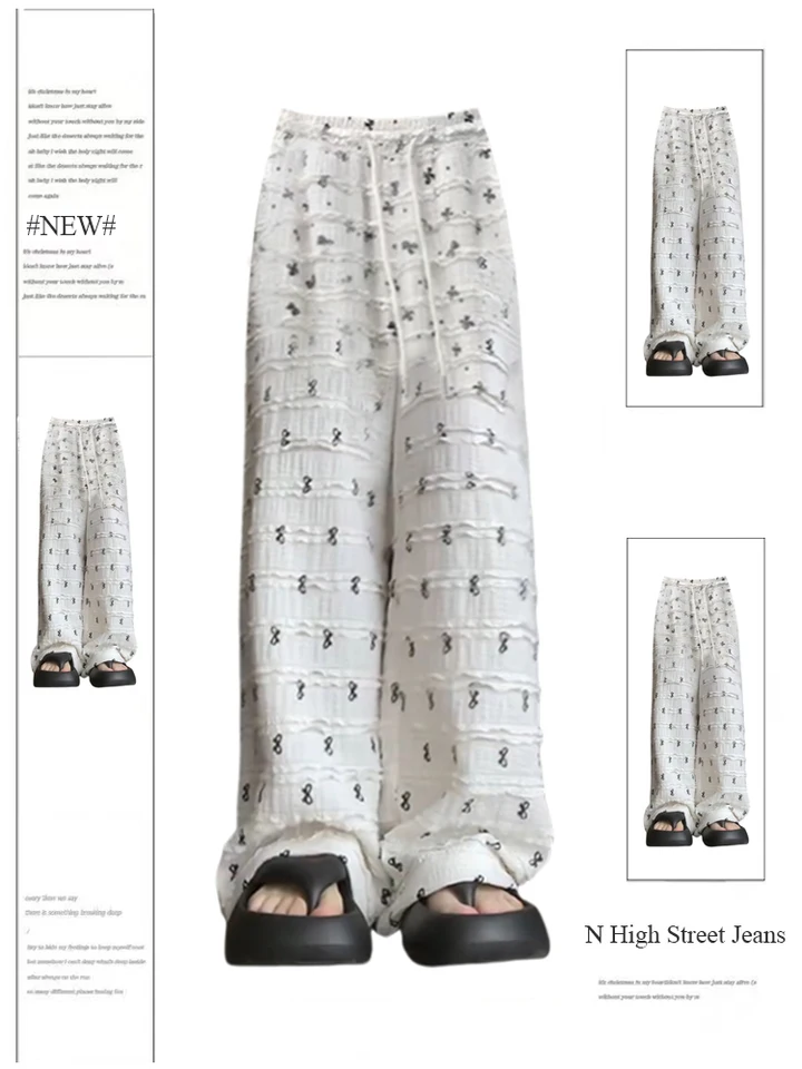 Pantalones blancos con lazo para mujer, ropa de calle Harajuku de