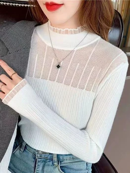 سترة برقبة وهمية من الدانتيل للنساء ، ملابس تريك مثيرة من خلال النظر ، بلوفرات أحادية اللون ، سترة ناعمة بأكمام طويلة ، قمة نسائية ، الخريف والشتاء 2