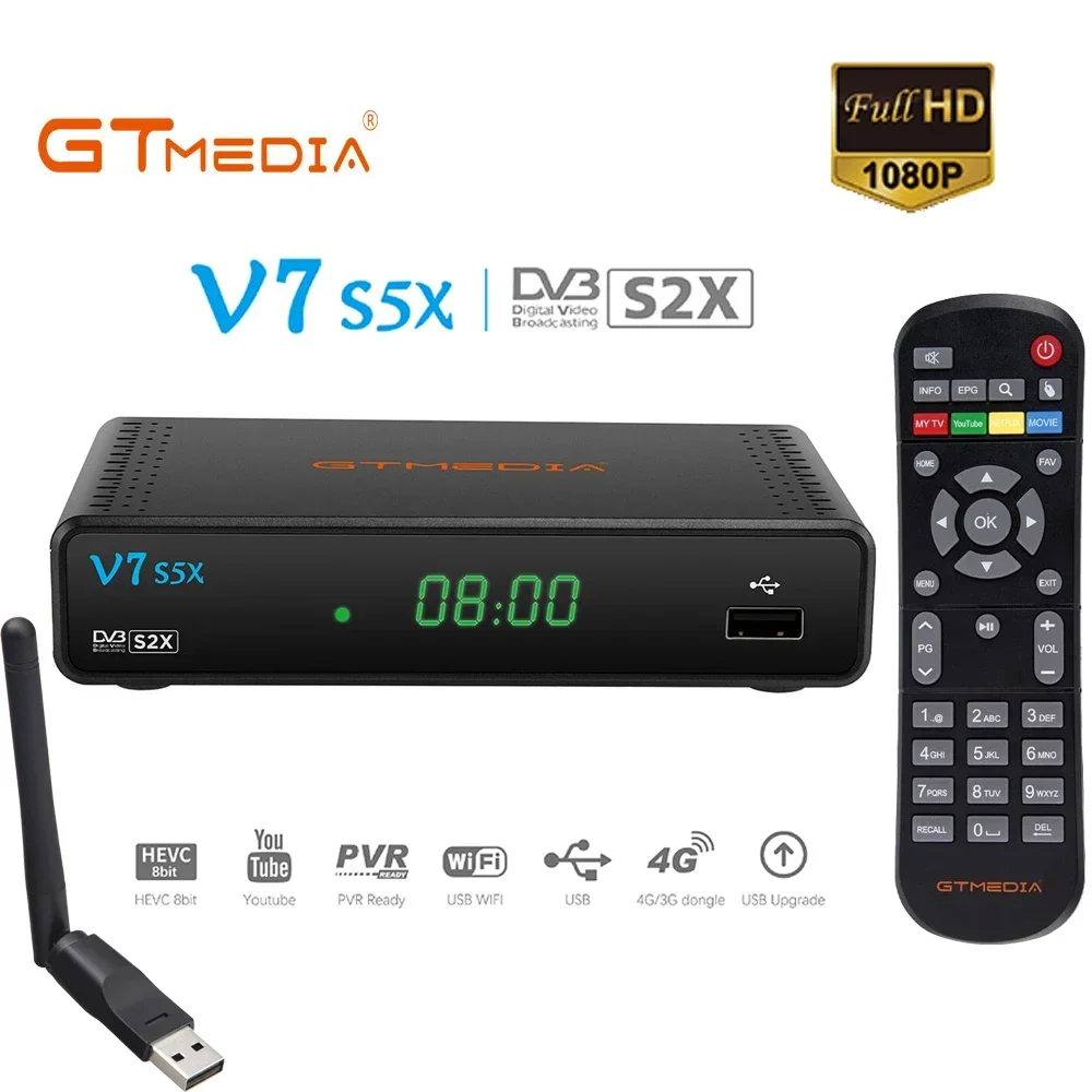 GTMEDIA V7 S5X Satellite TV Receiver DVB-S/S2X H.265 (8bit) Mgcamd CS IKS Biss Key Support YouTube HD 1080P with USB WIFI