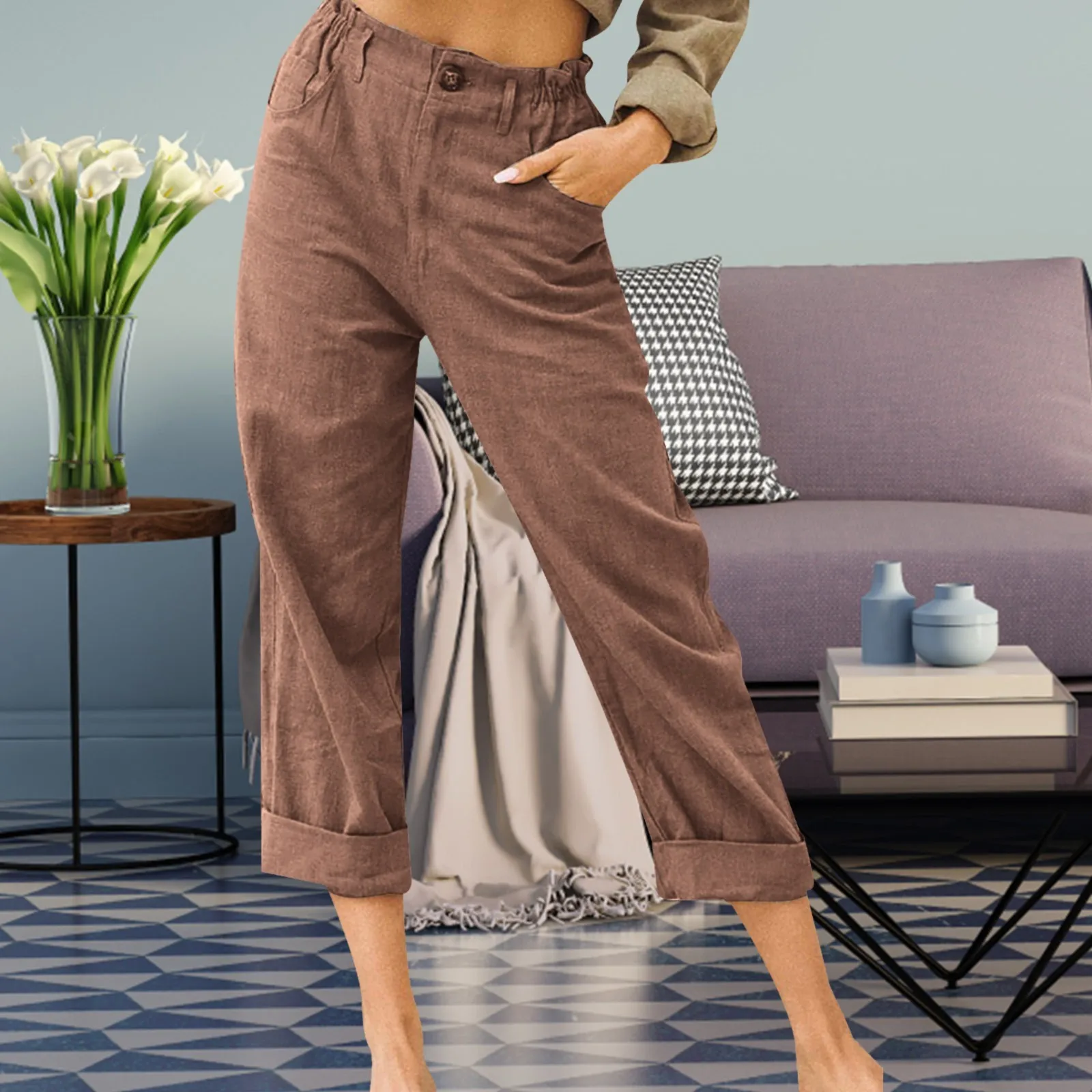 Pantaloni Da Donna In Cotone E Lino Con Coulisse Pantaloni Elastici In Vita Pantaloni Casual Capris Corti Pantaloni Comodi Alla Moda Quotidiana Pantal