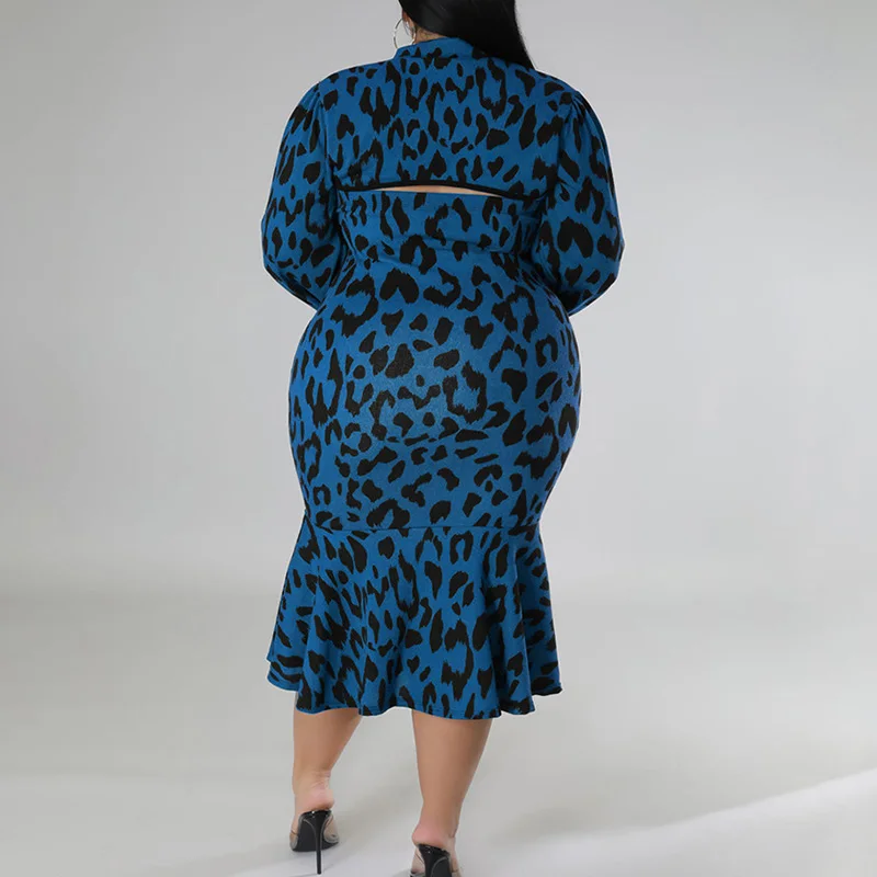 Lady Stand Collar Leopard Printing Lantern Long Sleeve Plus Size Hollow Out Slim Hem Splicing Ruffles Bag Hip Autumn Midi Dress